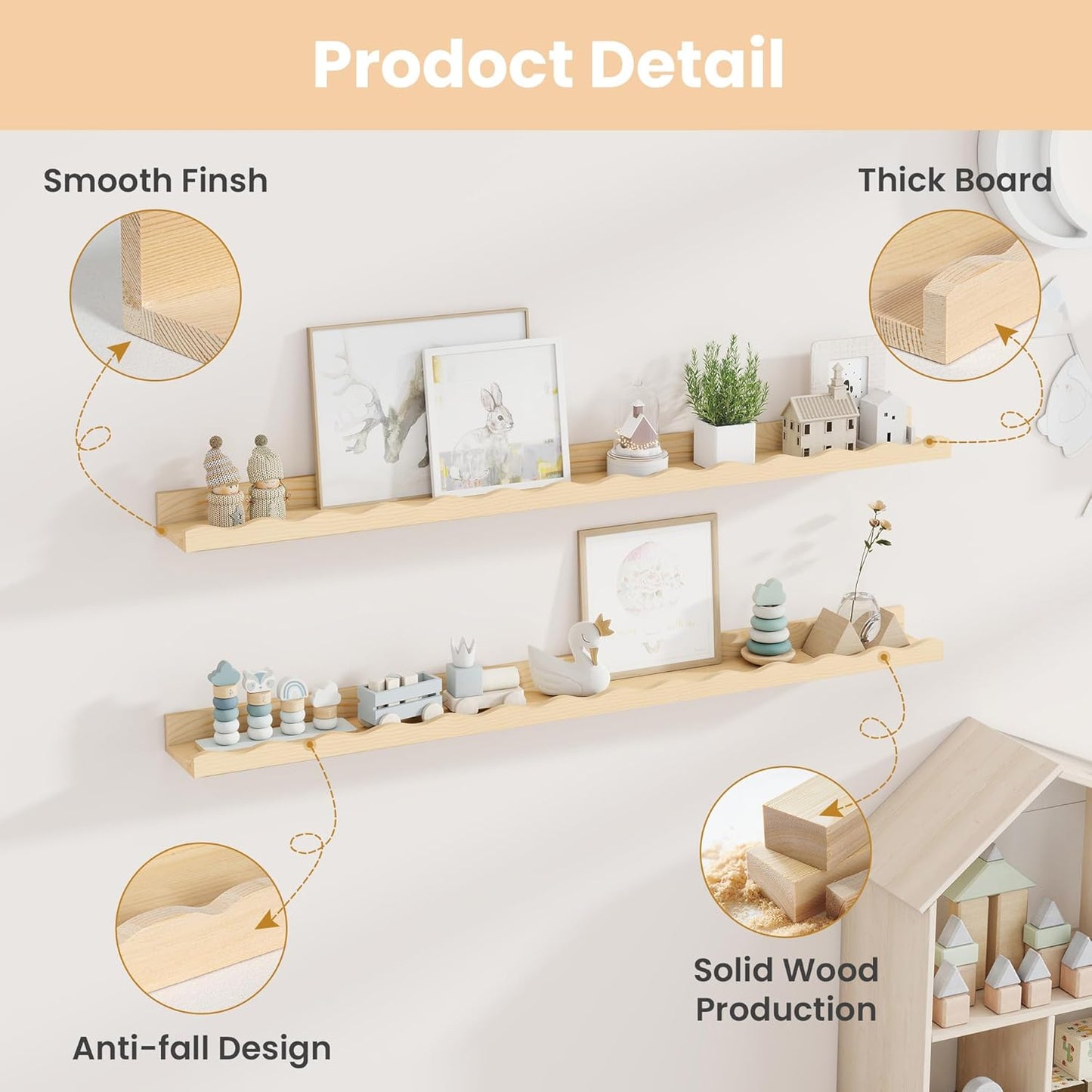 Fun Memories Picture Ledge Shelf for Wall, 24 inch Pine Wood Nursery Book Shelves Set of 2- Wall Book Shelves for Kids Room, Home Decor - Kitchen Spice-White