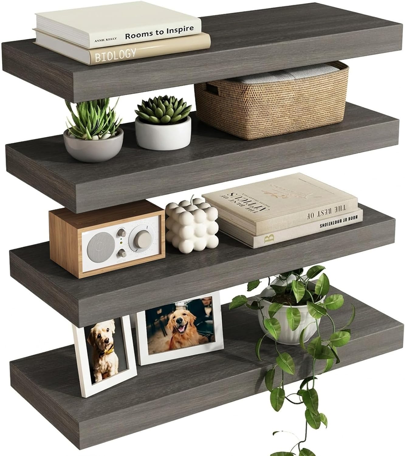 Fixwal Black Floating Shelves for Wall, Rustic Wood Shelves for Bathroom, Living Room, Bedroom and Kitchen, Wall Shelves for Storage, Books, Room Decor (Set of 4, 15.8 Inch)