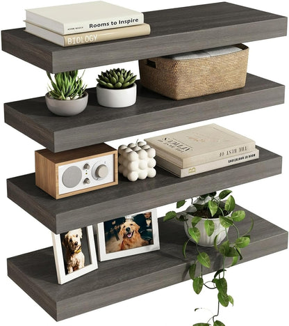 Fixwal Black Floating Shelves for Wall, Rustic Wood Shelves for Bathroom, Living Room, Bedroom and Kitchen, Wall Shelves for Storage, Books, Room Decor (Set of 4, 15.8 Inch)