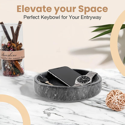 FNTSTICGOODS Travertine Decorative Bowl - 7.8” Diameter & 2” Height - Key Bowl for Entryway Table - Organic Modern Centerpiece - White/Gray