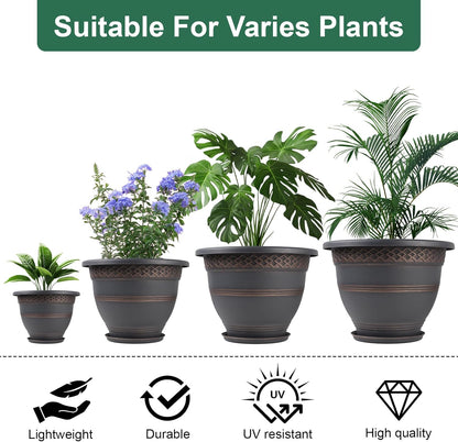 Usocik 10 Inch 4 Pack Plant Pots, Plastic Flower Pot for Indoor & Outdoor with Drainage Holes & Saucer, Plaid Pattern Planters Garden Pots for Herbs