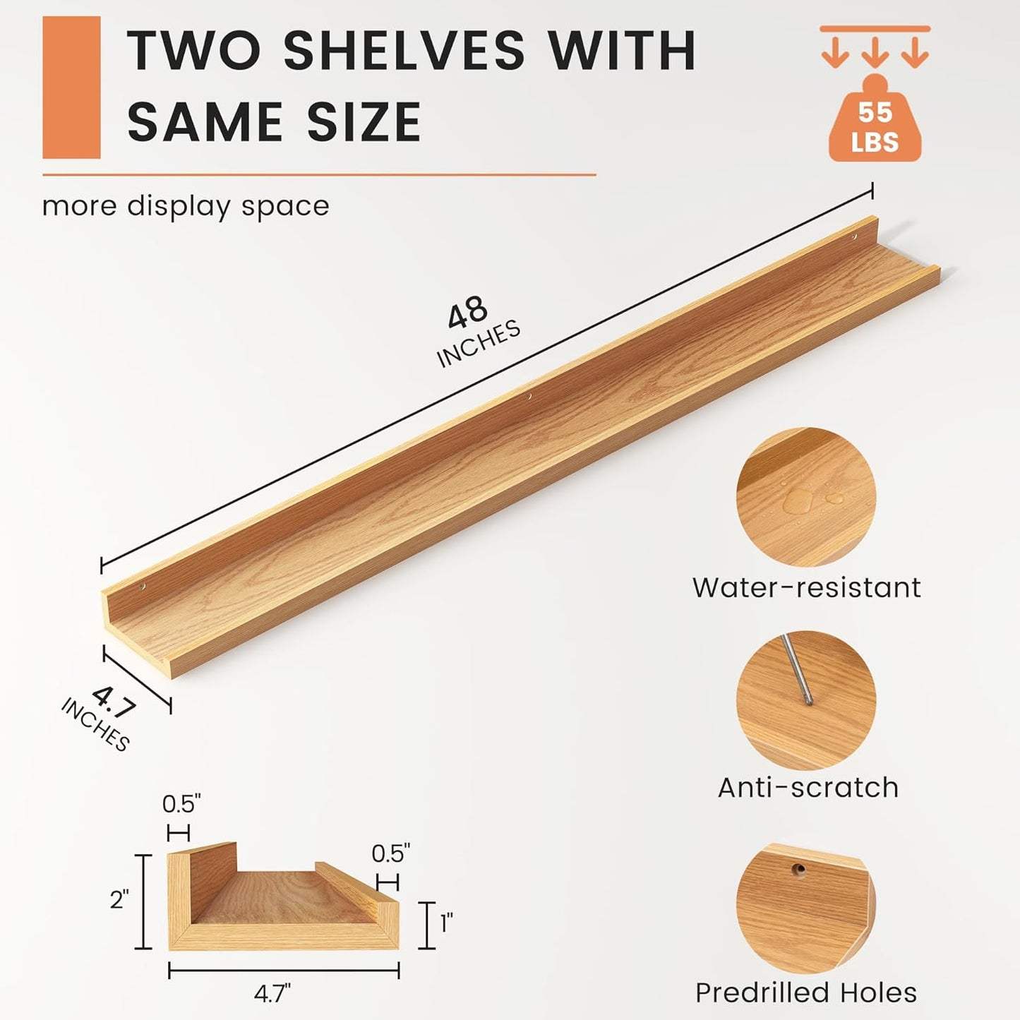 FLYJOE Picture Ledge Shelf, Floating Shelves Set of 2, 48 Inches Long Large Nursery Book Shelves for Toys Storage, Kids Bookshelf Wall Mounted for Living Room Bedroom Decor Books Photo Frames, Walnut