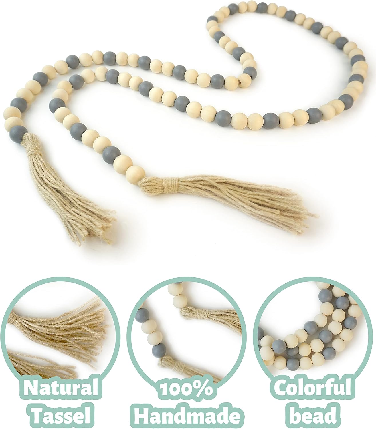 Wooden Beads Garland with Tassels, 61 Inch Wood Bead Garland, Modern Farmhouse Decor, Boho Home Decor Clearance