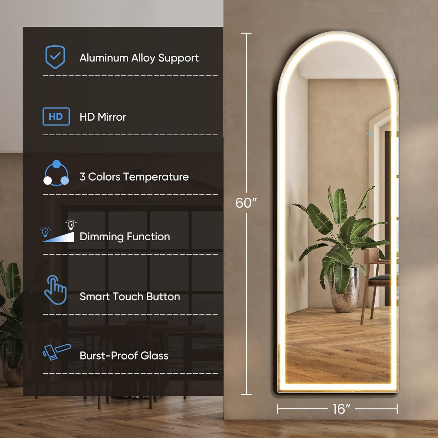 OLIXIS Black Arched Full Length Mirror 60"x16" for Bedroom, Full Body Mirror with Stand, Hanging or Leaning for Wall, Aluminum Alloy Thin Frame Floor Standing for Living Room