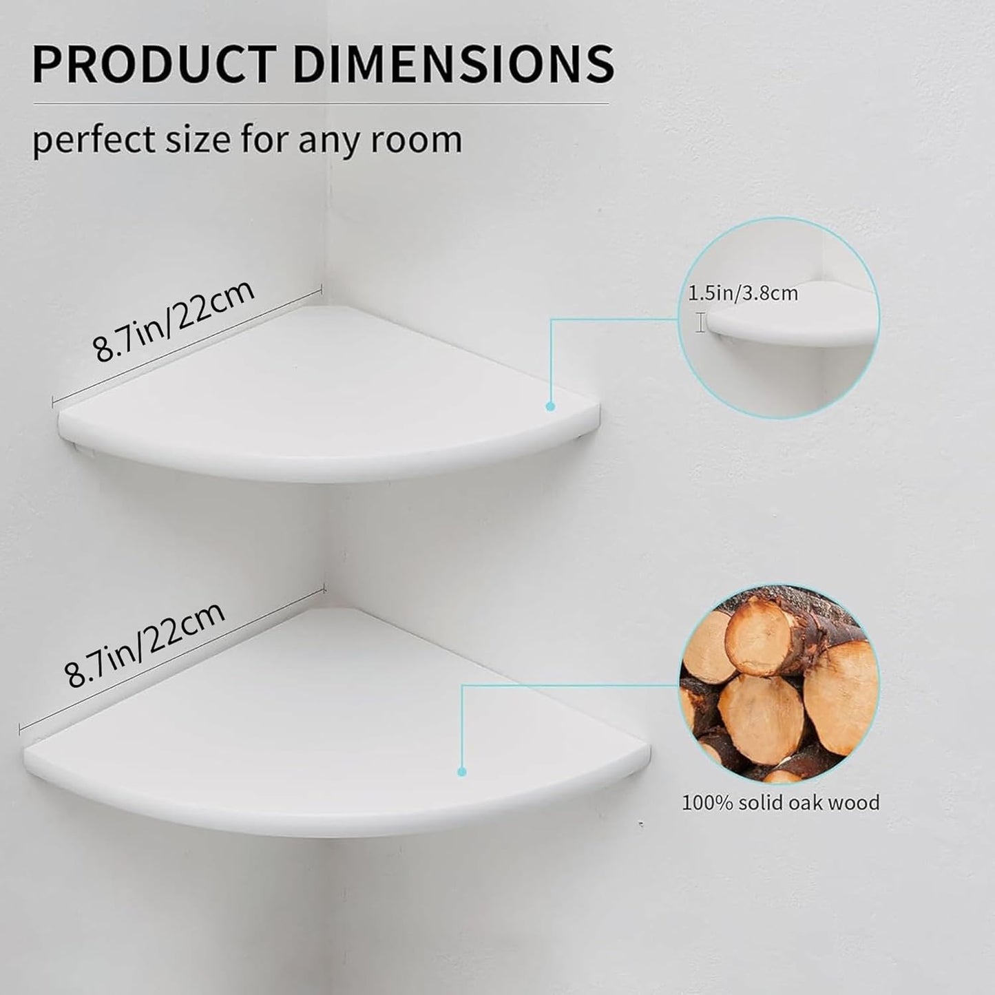 Corner Shelves, Floating Corner Shelf, Set of 2 7inch Solid Oak Wood Wall Shelves, Round End Wall Mount with Wire Hole Shelving for Small Plant for Bedroom Kitchen, Living Room