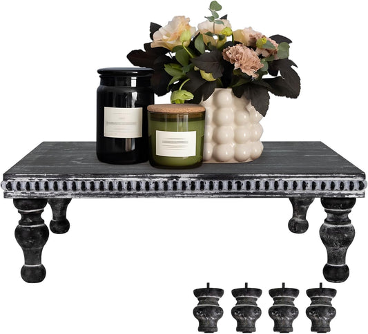 MAONAME Wood Display Risers Decorative Tray, Farmhouse Pedestal Stand for Display Home Decor, Vintage Brown Beaded Wooden Tray for Kitchen Counter, Short and Tall Footed