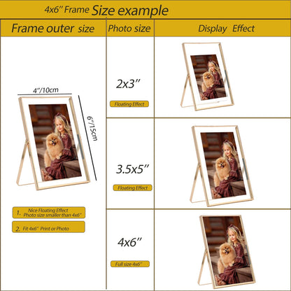 Gold 6x8'' Floating Photo Frame 2 Pack, Beaded Metal Frame Fits 3.5x5'', 4x6'' & 5x7'' Pictures, Adjustable Tabletop & Shelf Display, Elegant Wedding Gift for Home Decor