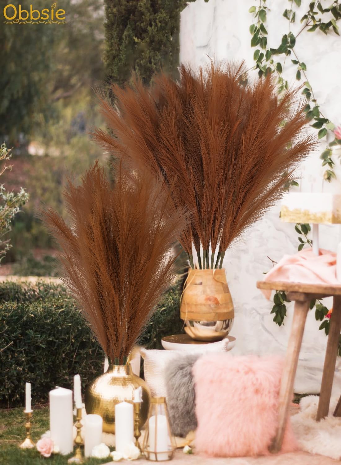obbsie 50pcs Pink Faux Pampas Grass Decor, 21.6" Short Artificial Floral Branches Vase Filler Flower Arrangement for Home Wedding Boho Outdoor Decor