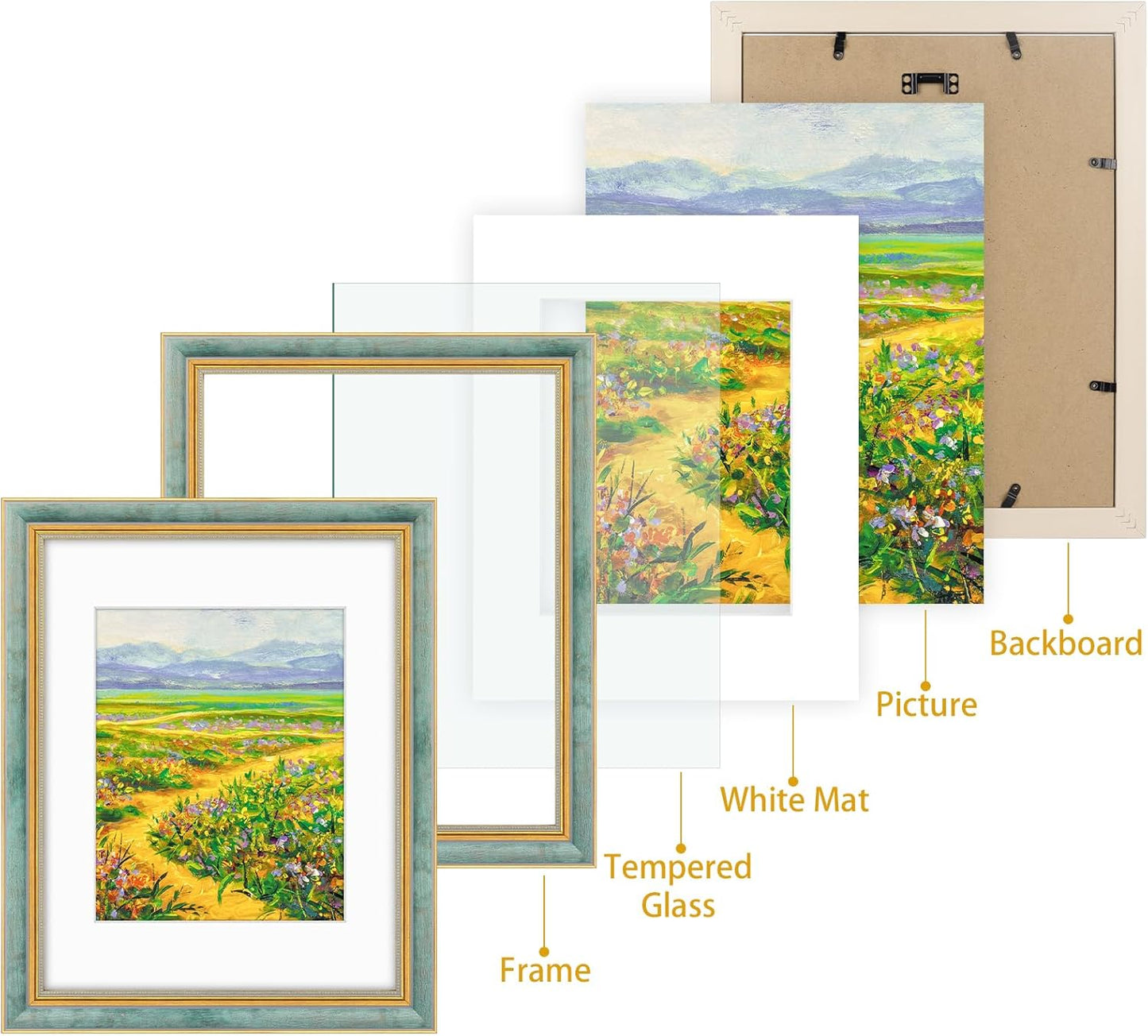 Golden State Art,11x14 Ornate Picture Frame for 8x10 Photo with Mat or 11 x 14 Prints without Mat,Real Glass Wall Display(Color:Green Gold)