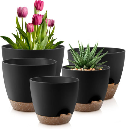 QRRICA Plant Pots 10/9/8/7.5/7 Inch Self Watering Pots, Set of 5 Plastic Planters with Drainage Holes and Saucers,Plastic Flower Pots,Nursery Planting Pot for Indoor Out Door Plants（Green）