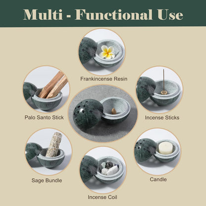 Koville Natural Marble Incense Holder, Incense Holder for Sticks with 9 Holes, Handmade Incense Burner Ash Catcher for Meditation Yoga SPA, Balsam Fir/Palo Santo/Sage/Cone (Green)