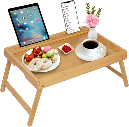 Bed Tray Table with Handles Folding Legs,Bamboo Breakfast Food Tray with Media Slot,Use As Platter,Laptop Desk,Snack,TV Tray Kitchen Serving Tray Black Large