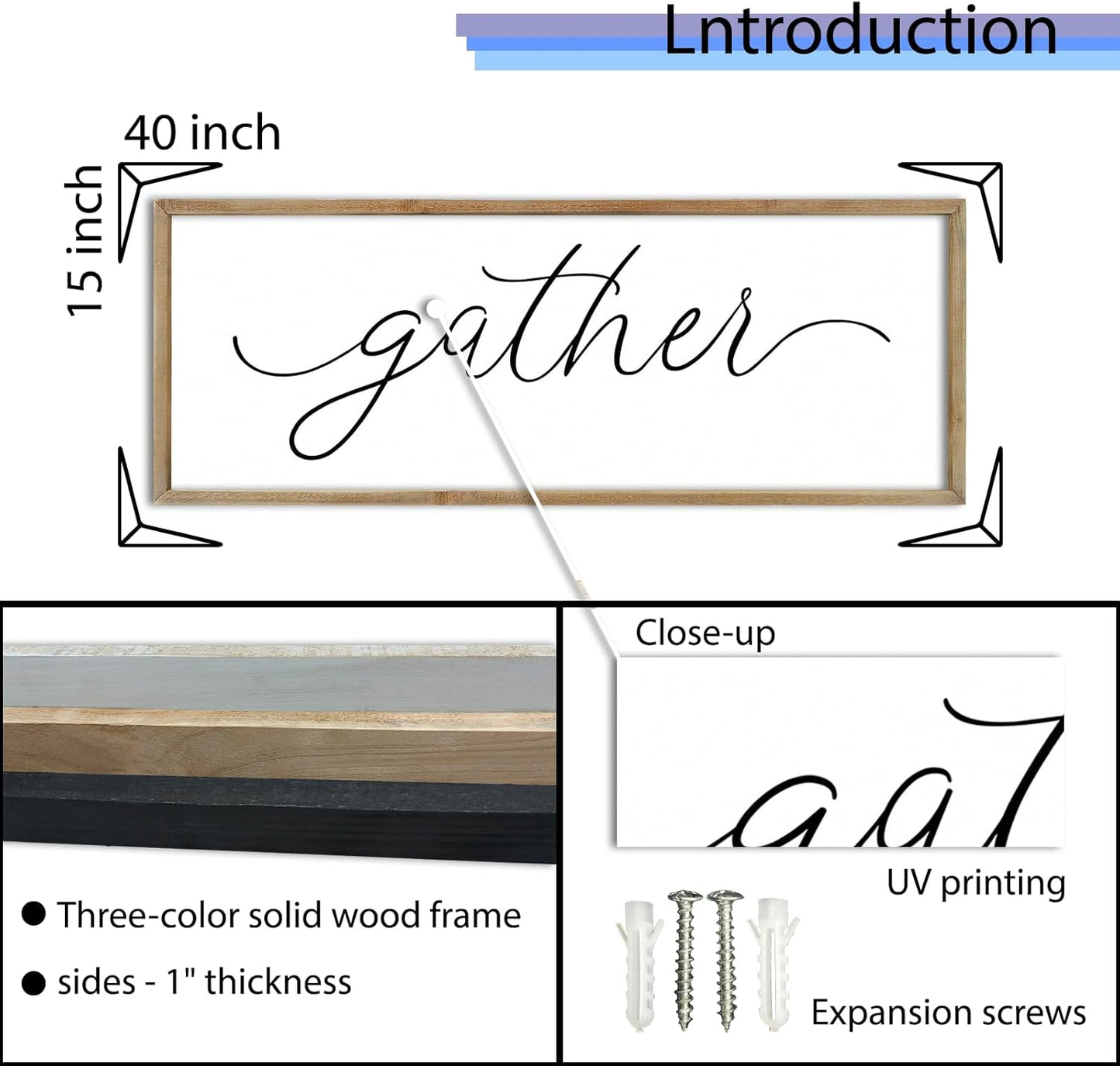 FZMHASLWW Gather Sign Wall Decor 32"×12" Large Wooden Framed for Dining Room Simple Home Kitchen Hanging Art (Wood)