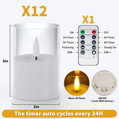 VIODAIM 12Pack Flickering Flameless LED Candles with Timer, Battery Powered - Small Pillar & Votive, Clear (2"X3")