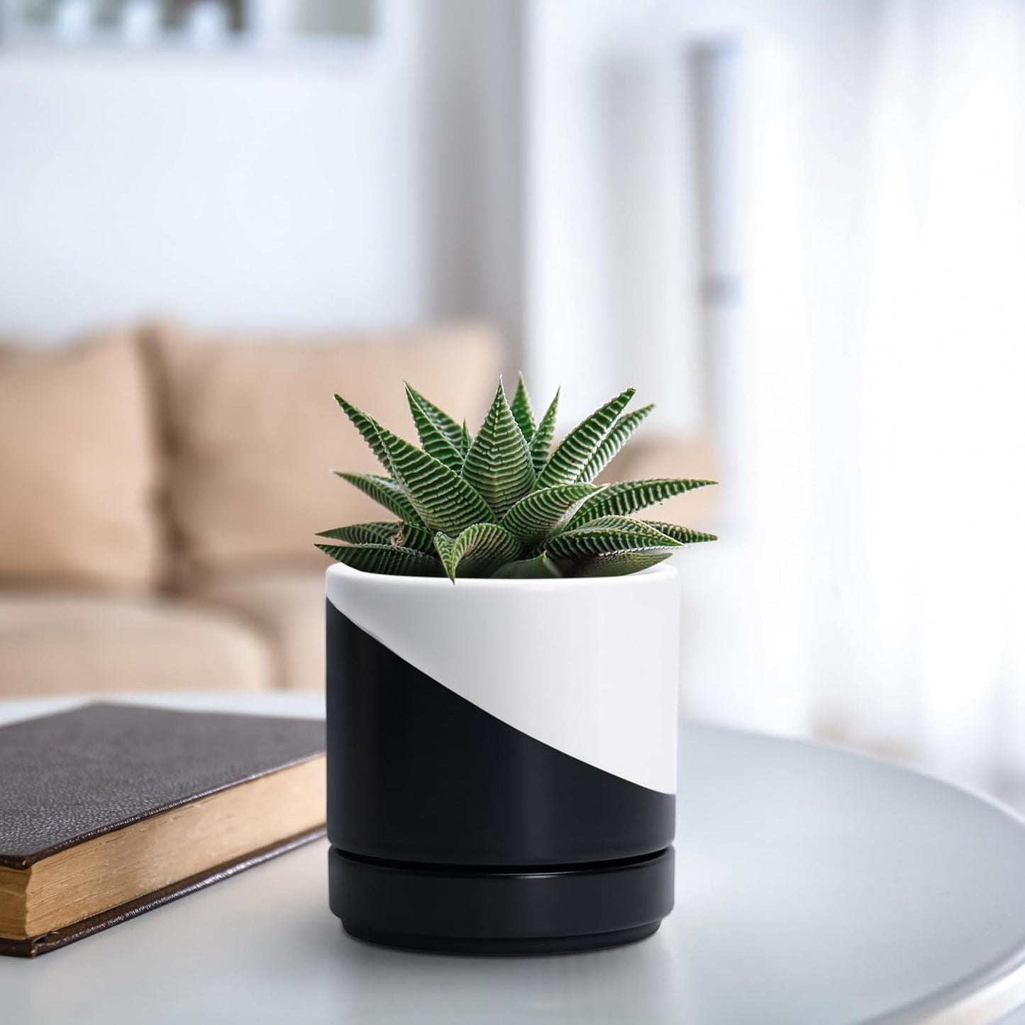 D'vine Dev 6.5 Inch Ceramic Planter Pot with Drainage Hole and Saucer, Indoor Cylinder Round Planter Pot, Olive, 94-O-C-J