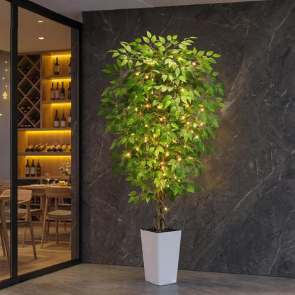 Artificial Ficus Tree 6FT Faux Plants Indoor Tall Fake Plants with White Planter, Green Lifelike Lush Fake Ficus Tree for Home Living Room Bedroom Outdoor Balcony House Office Decor