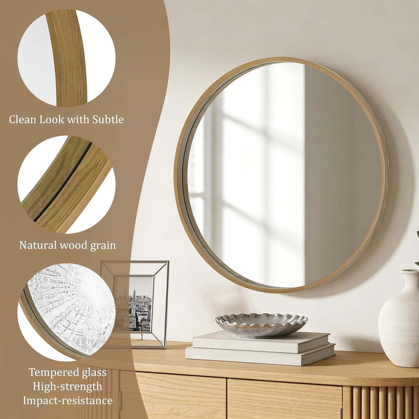WallBeyond Wood Round Mirror with Wood Frame 24 inch Circle Wall Mirror for Bathroom Round Wall Mirror for Wall Decor, Vanity, Entryway Living Room (Walnut)