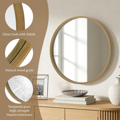 WallBeyond Wood Round Mirror with Wood Frame 24 inch Circle Wall Mirror for Bathroom Round Wall Mirror for Wall Decor, Vanity, Entryway Living Room (Walnut)