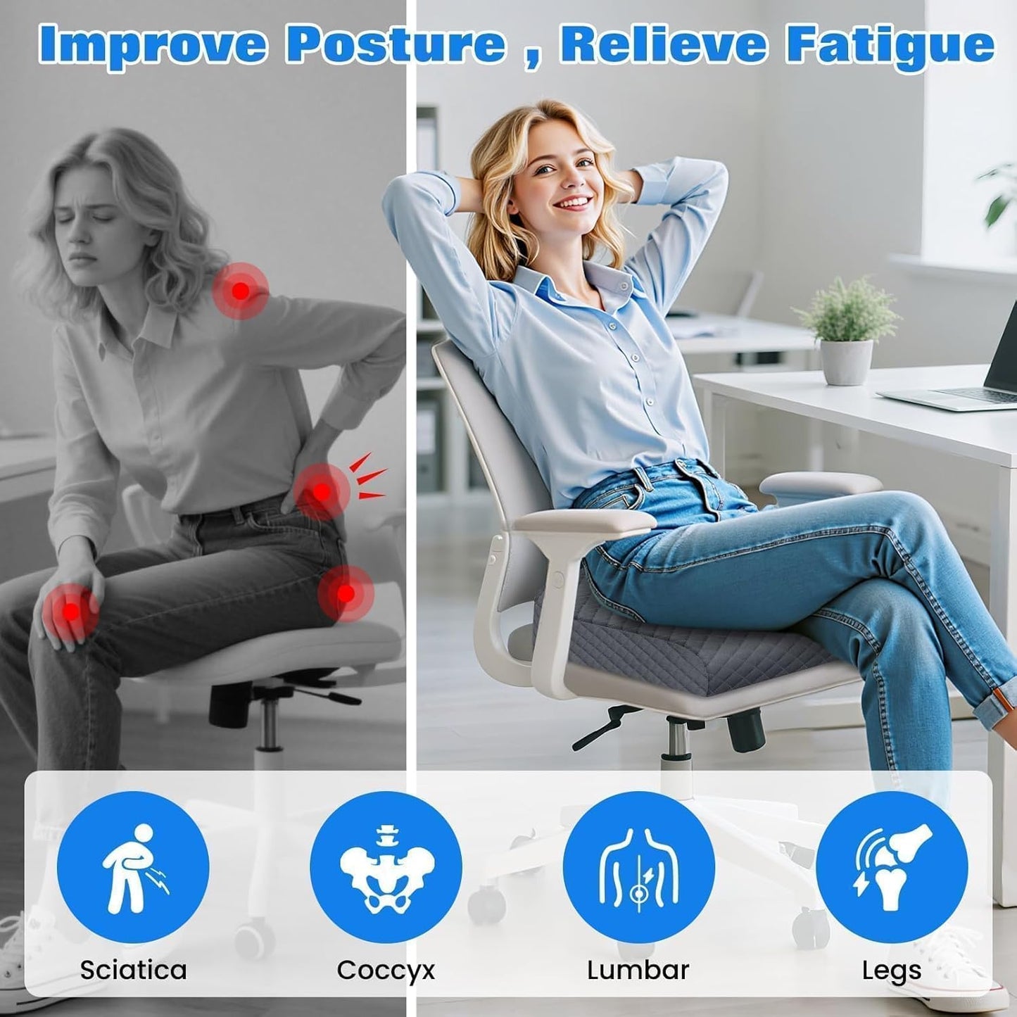 Seat Cushion, Memory Foam Chair Pad for Sciatica & Hip Pain Relief, Non-Slip Cushion for Office, Home, Car, Large Desk Chair Cushion, Washable Cover & Handle, Large, Black