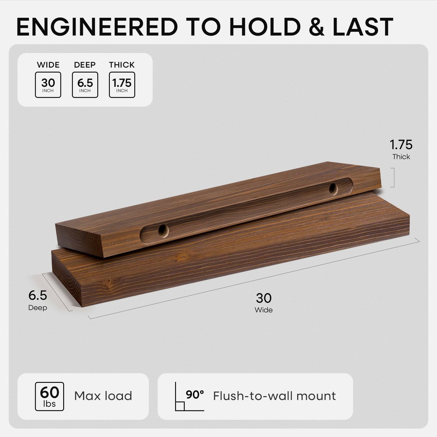 Homeforia 24 inch Natural Floating Shelf, High End Solid Real Wood 24inch Small Floating Shelves for Wall Mounted, Natural Wooden Floating Shelves, Heavy Duty Bracket, 24 X 6.5 X 1.75 in, Set of 2