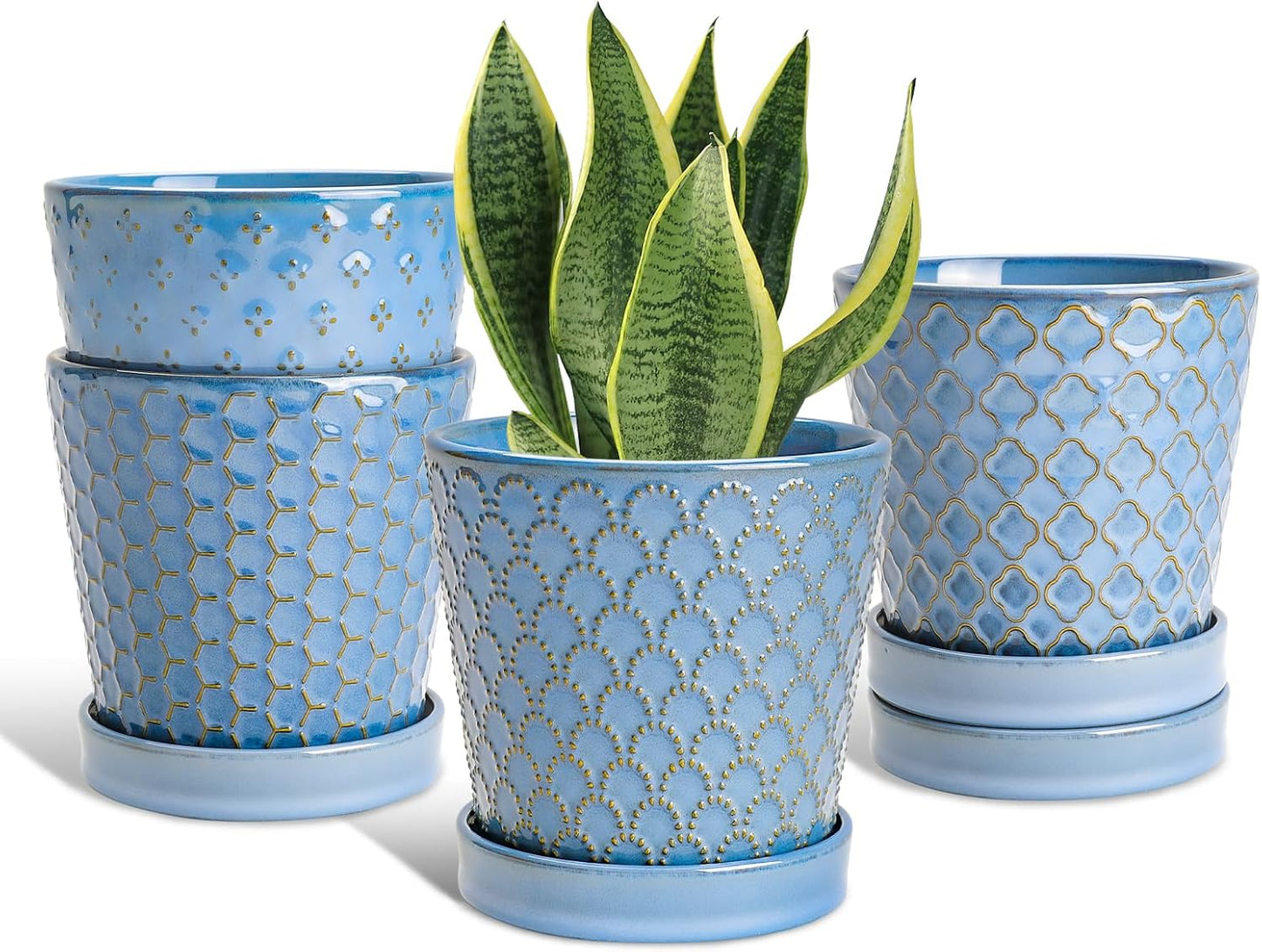EFISPSS Flower Planter –5 inch Ceramic Plant Pots with Drainage Hole and Ceramic Tray - Gardening Home Desktop Office Windowsill Decoration Gift Set of 4 - Plants NOT Included