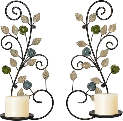 Wall Sconces Candle Holder Set of 2, Antique Multi-Color Leaf Branch Wall Mount Hanging Metal Wall Candle Holder Candle Sconce for Living Room Dining Room…