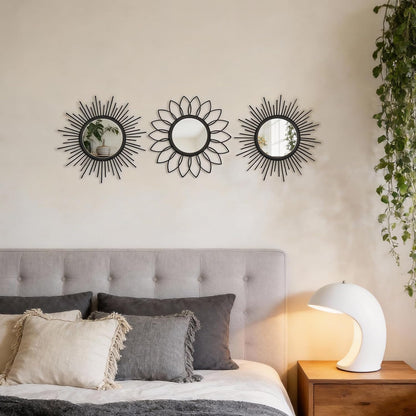 Boho Sunburst Wall Mirror Set of 3, 12 Inch Round Antique & Modern Metal Wall Art, Hanging Over The Door Mirrors for Wall Decor in Living Room, Bedroom, Bathroom, Entryway（Gold）