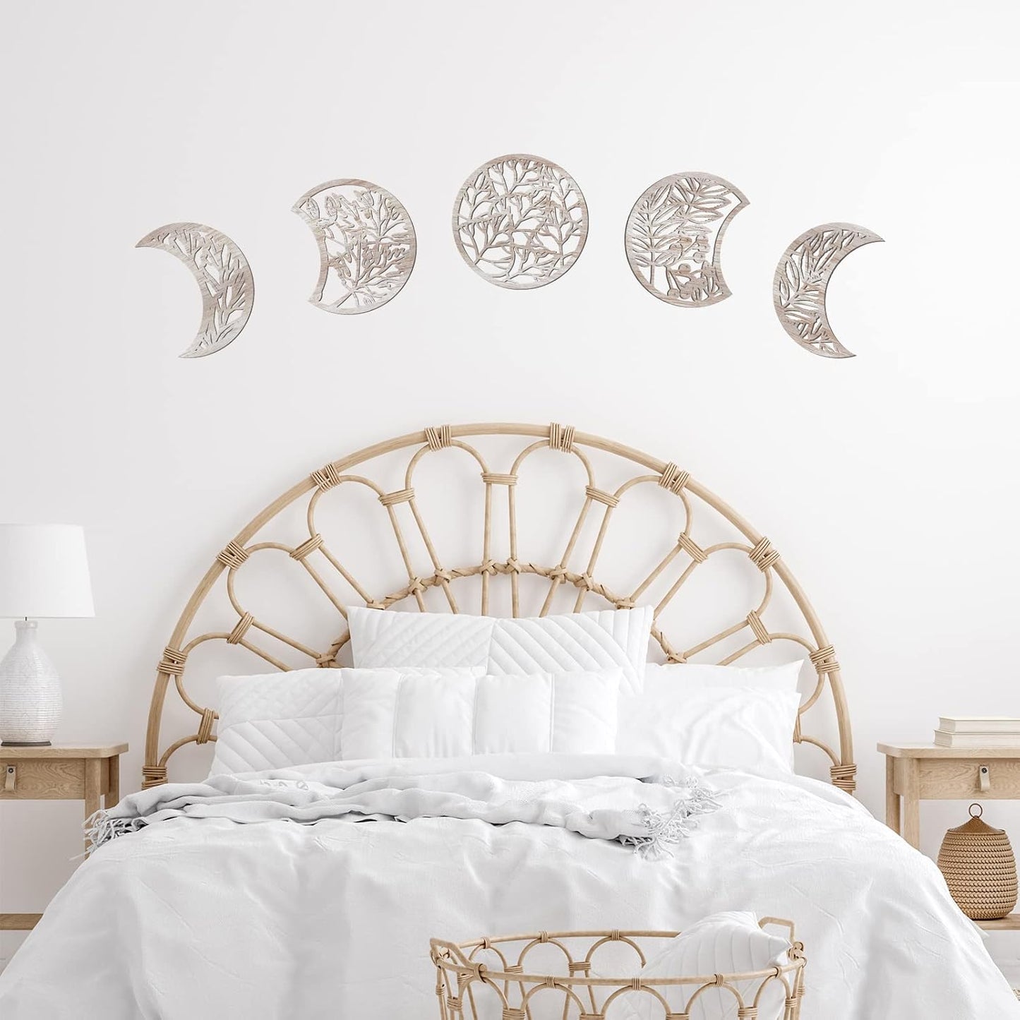 Jetec 5 Pcs Moon Phase Wall Art Decor Wall Pediments Hanging Wooden Phase Spiritual Bedroom Nordic Boho Lunar Aesthetic Art for Living Room Dorm Apartment Ornament(Brown,10.6 Inch,Botanical)