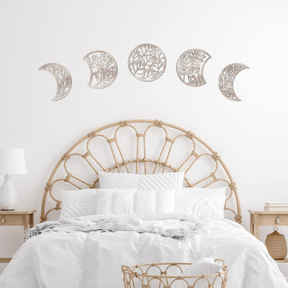Jetec 5 Pcs Moon Phase Wall Art Decor Wall Pediments Hanging Wooden Phase Spiritual Bedroom Nordic Boho Lunar Aesthetic Art for Living Room Dorm Apartment Ornament(Brown,10.6 Inch,Botanical)