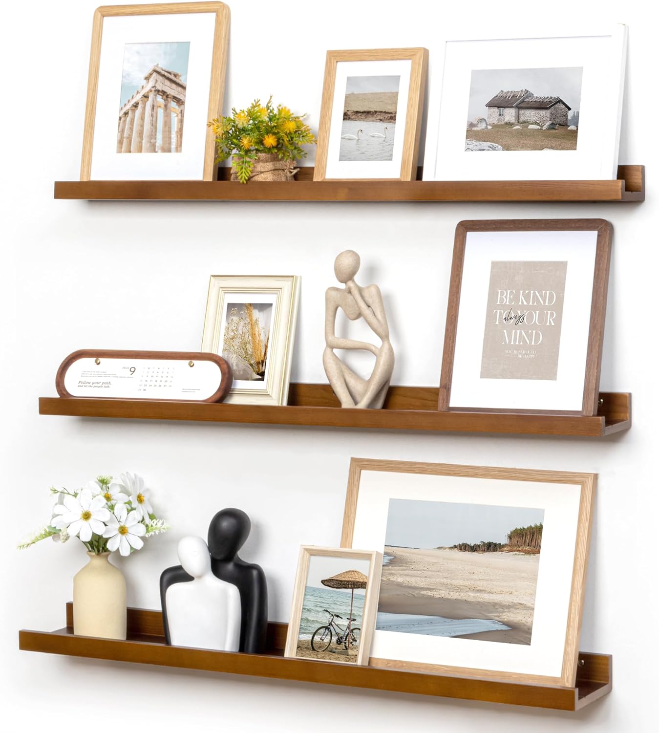 FLYJOE Picture Ledge Shelf, Floating Shelves Set of 2, Solid Pine Wood 55'' Long Large Nursery Book Shelves for Toys Storage, Kids Bookshelf for Living Room Bedroom Decor Books Photo Frames, Walnut