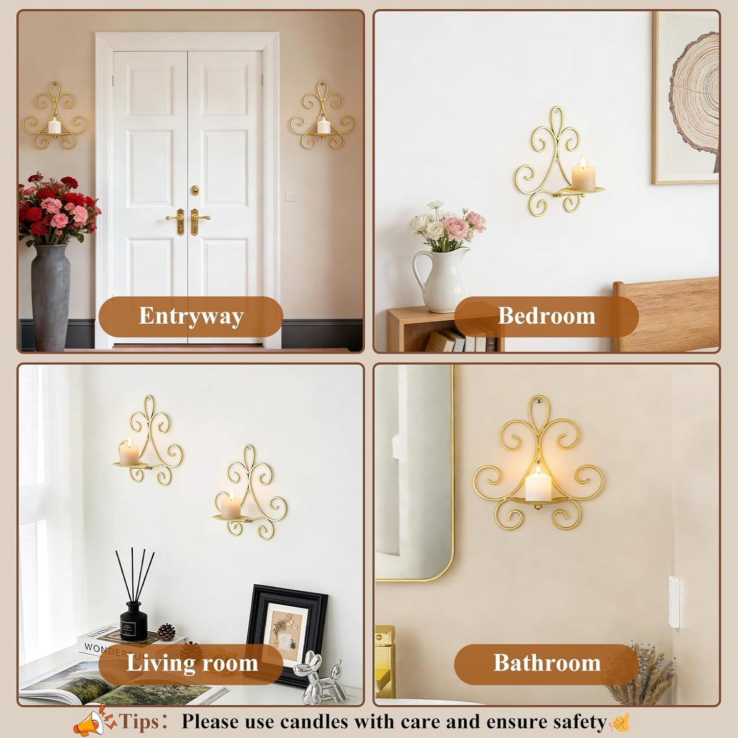 Wall Candle Sconces Set of 2, Double Scroll Pattern Candle Sconces, Metal Wall Candle Holder for Home Decor, Living Room, Dining Room, Bedroom, Black, Gifts for Men Women Mom or Dad