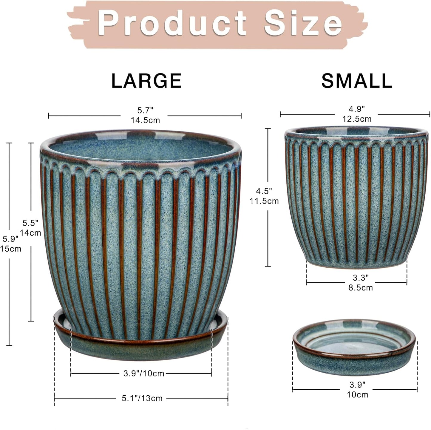 Oairse Ceramic Pots for Indoor Plants, 4.9 +5.7 inch Set of 2 Brown Plant Pots with Drainage Holes and Saucers Texture Ceramic Planters Indoor Outdoor Flower Planters for Succulent