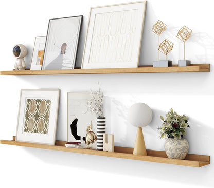 FLYJOE Picture Ledge Shelf, Floating Shelves Set of 2, Solid Pine Wood 55'' Long Large Nursery Book Shelves for Toys Storage, Kids Bookshelf for Living Room Bedroom Decor Books Photo Frames, Walnut