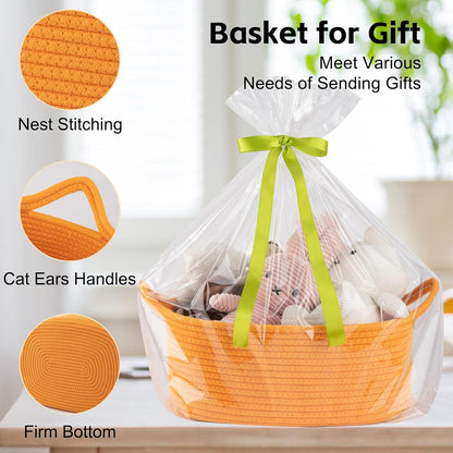 OIAHOMY Woven Basket, Gift Basket Empty with Gift Bags and Ribbons, Rope Baskets for Baby Showers, Storage Baskets with Handles for Nursery, Pet Toy Organizer - White