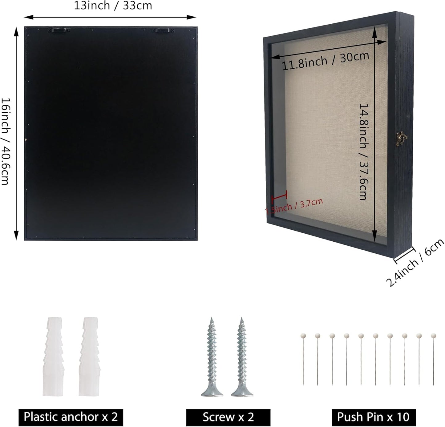 GraduationMall 13x16 Wood Shadow Box Frame Glass Door Display Case with Linen Back and 6 Stick Pins,1.5 inches Interior Depth,Ideal for Memorabilia Pictures Flowers Medals Tickets Rustic White