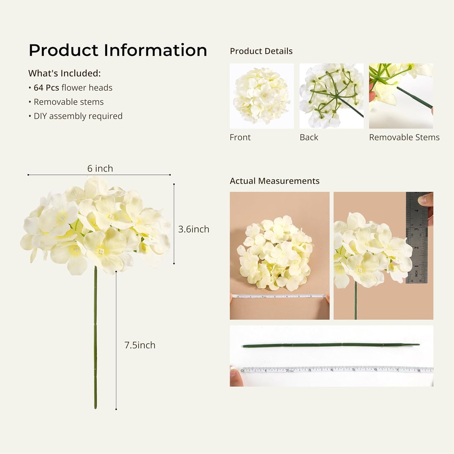 Auihiay 64 PCS Artificial Hydrangea Flowers, Silk Hydrangea Full Flowers Heads with Stems for Wedding Centerpieces, Home, Garden, Baby Shower, Party Decoration (Ivory)