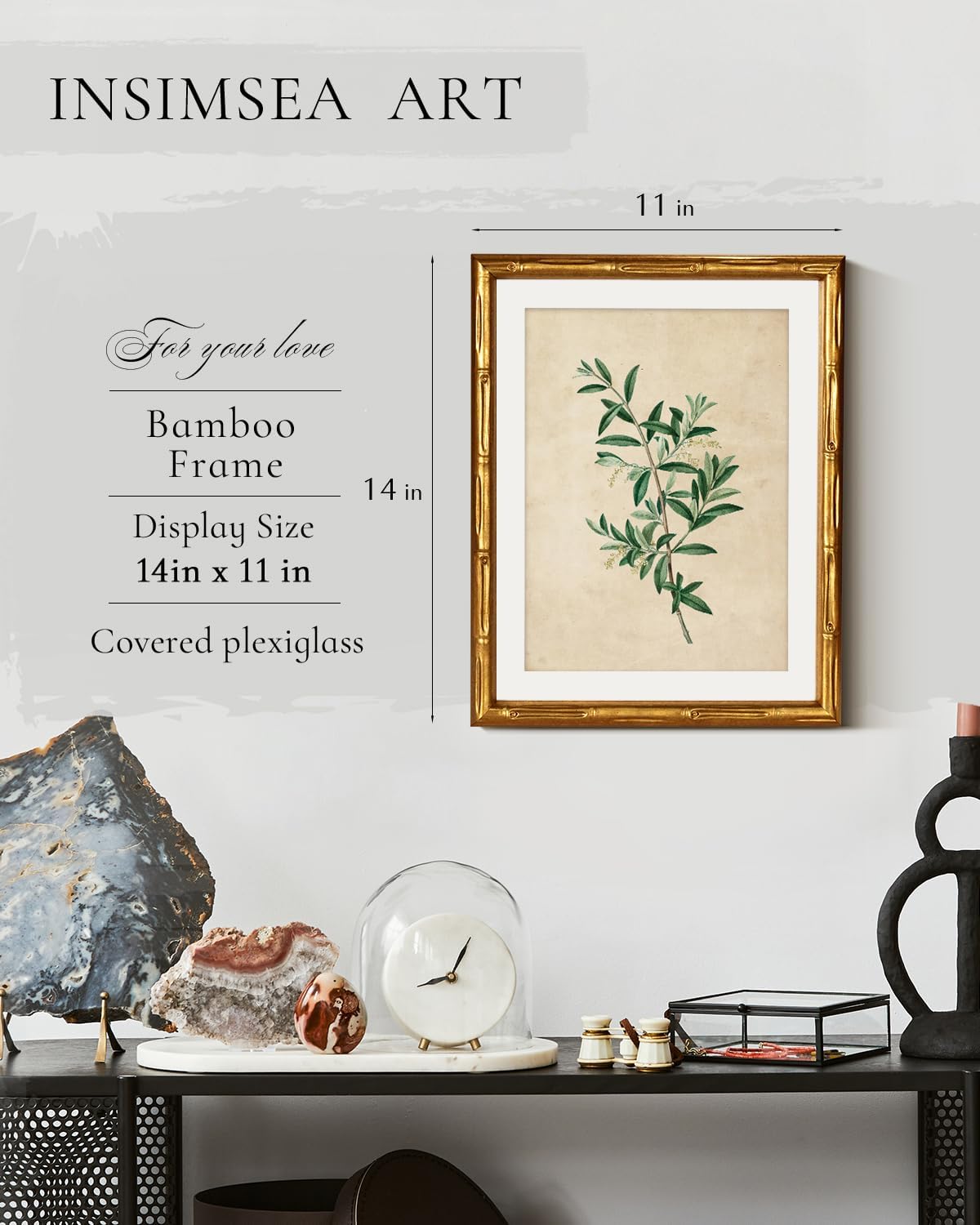 InSimSea Gold Bamboo Framed Canvas Wall Art, Retro Blue Hydrangea Botanical Prints, Antique Flowers Picture Frame with Mat, Victorian Home Wall Decor for Kitchen Living Room Bedroom, 11x14inch