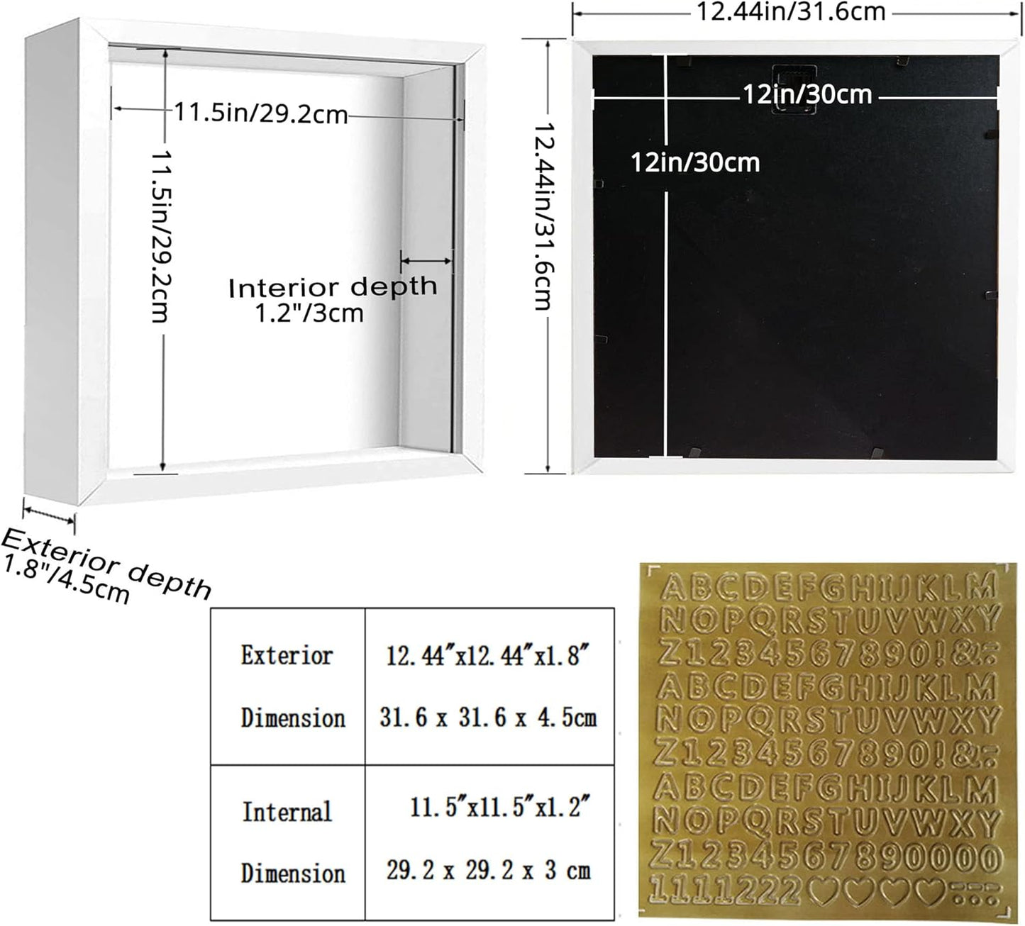 8x8 Shadow Box Frame Display Case with Letter Stickers, 3D Picture Frame, Display Case Box for Memorabilia, Baby Items, Wedding Memories, Crafts, Tickets and Photos (White, 8x8)