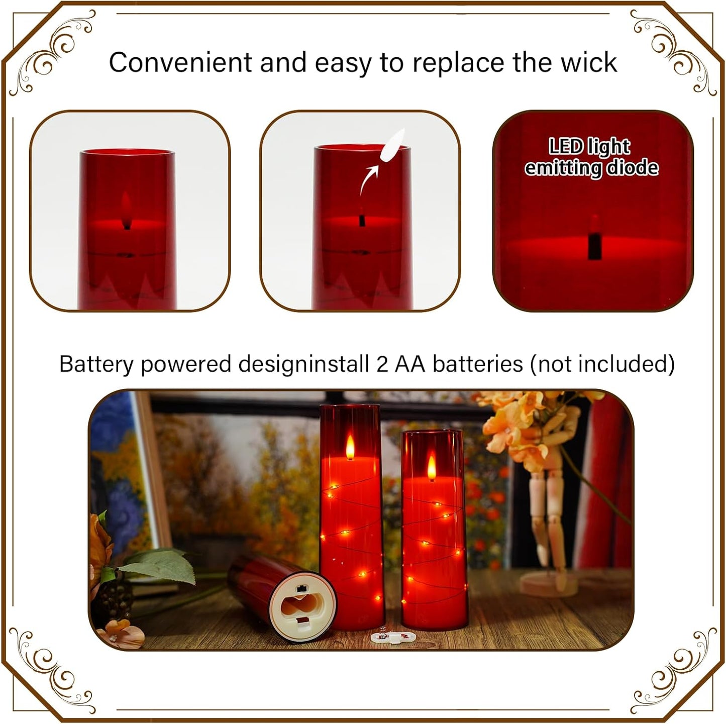 Nimiko Flickering Flameless LED Candles, 9 Pcs with Embedded Star String, Acrylic LED Pillar Candles with Remote, Suitable for Home Decoration (White)
