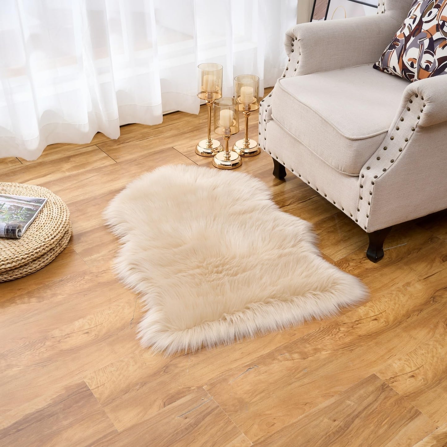 EasyJoy Ultra Soft Fluffy/Fuzzy Shaggy Area Rug Faux Fur Chair Cover Seat Pad for Bedroom Floor Sofa Living Room (2 x 6 ft Sheepskin, Beige)
