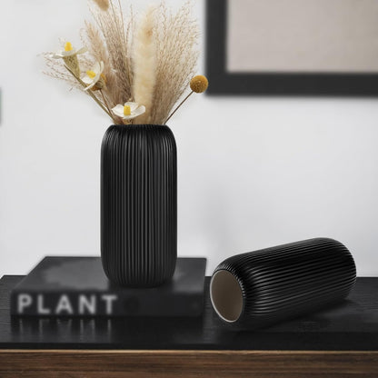 Ceramic Vase for Flowers – Modern Small Ribbed Textured Flower Vase for Home Decor, Pampas Grass, Decorative, Farmhouse, Coffee Table, Kitchen Centerpieces, Bookshelf and Home Living (White)
