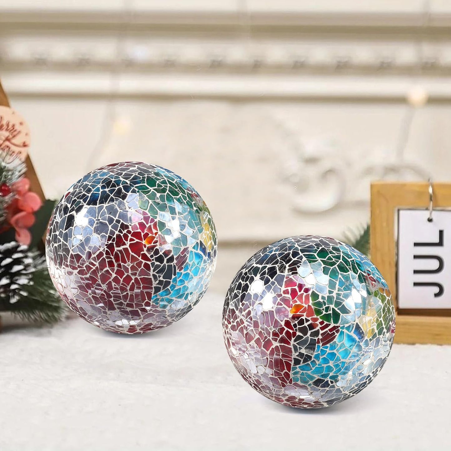3Pcs Mosaic Glass Orbs Decorative Balls Set 8.5cm/3.35inch Blue Sphere Wedding Party Home Decor Table Centerpiece