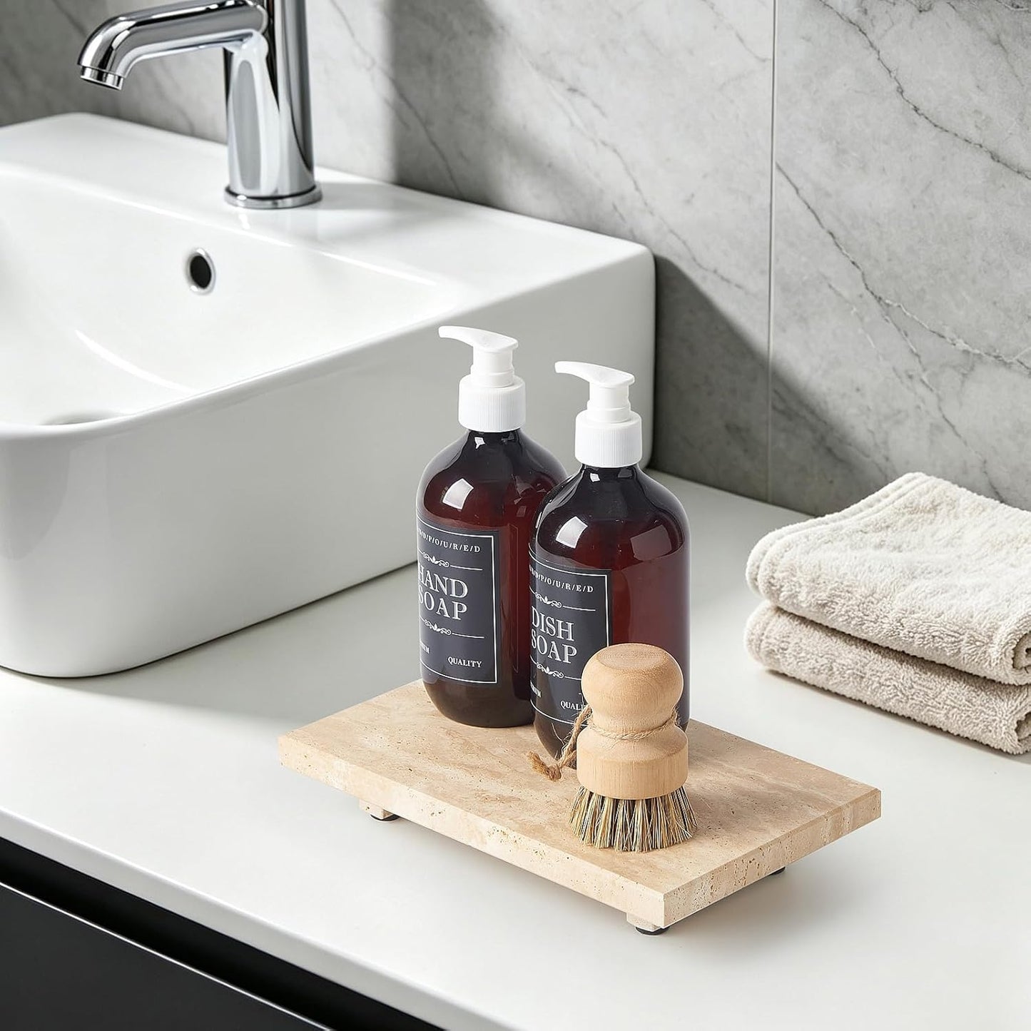 Natural Marble Tray Pedestal Stand – Soap & Jewelry Riser for Bathroom Counter, Kitchen Sink, Vanity Organizer, Decorative Stone Catchall for Perfume, Candles