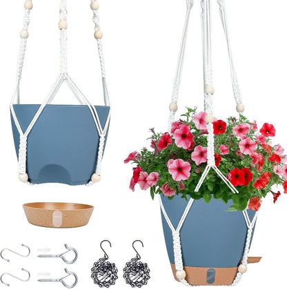 10 Inch Hanging Planters for Indoor Plants, 2 Pack Self Watering Hanging Baskets Flower Pots with Drainage Hole, Visual Reservoir & 2 Kinds of Plant Hanger for Outdoor Garden Home Decor (White)