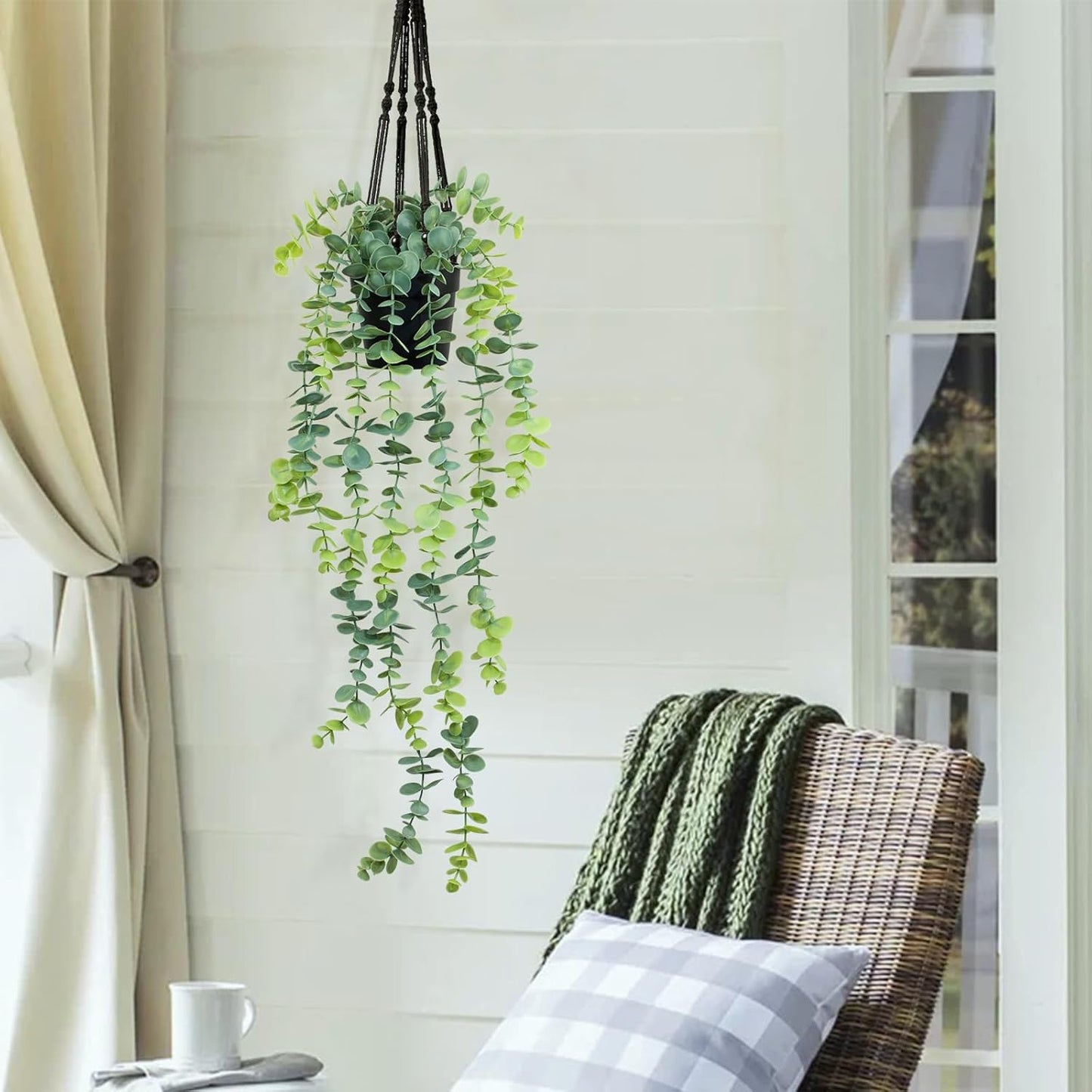 LOYWREE Fake Plants Indoor Artificial String of Pearls Plant in Black Pots, Realistic Green Faux Succulent Hanging Plants for Shelf Decor Desk Home Garden Decorations