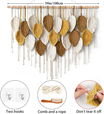 Weldomcor Large Macrame Wall Hanging Boho Home Decor, Handmade Bohemian Woven Leaves Macrame Tapestry Modern Aesthetic Chic Wall Art Decorations for Bedroom Living Room Nursery Office 39" W x 29.5" L