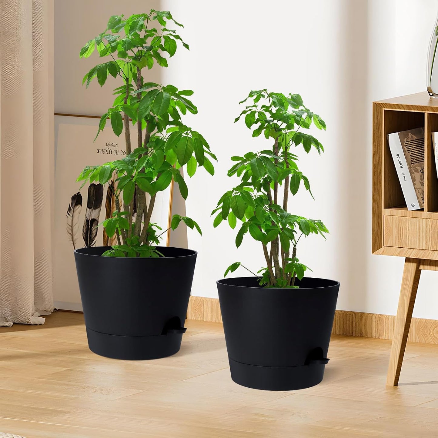 YNNICO Indoor Self Watering Planters with Drainage Holes and Saucers, 8, 7, 6.5, 6, 5.5, 5 Inches, Black, 6 Pots