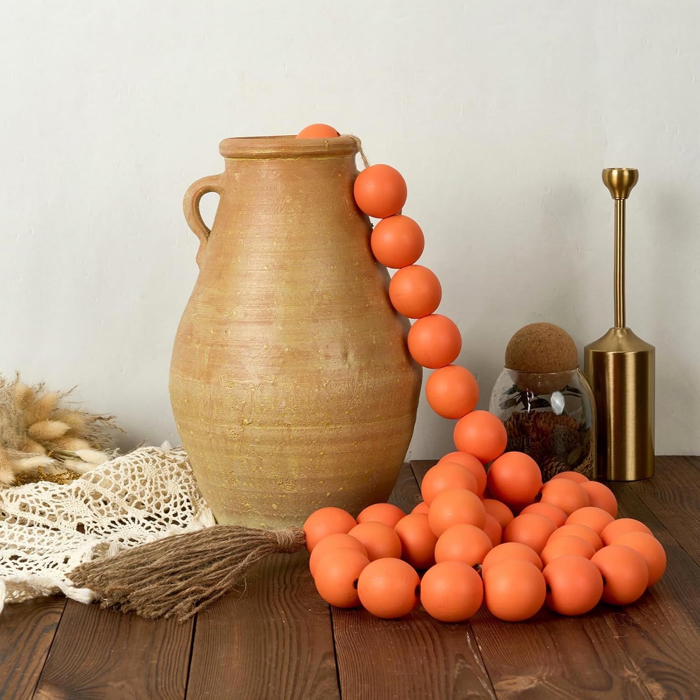 OMISHE Extra Large Wood Bead Garland with 1.6" Diameter Wooden Beads and Tassels, 41" Long Rustic Farmhouse Country Decorative Beads for Home Tiered Tray Decor, Natural Beige