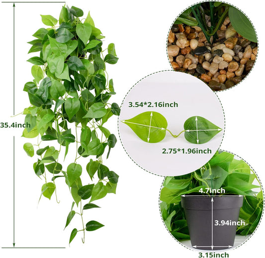 LOYWREE Small Fake Hanging Plant Artificial Potted Plants for Indoor Outdoor Aesthetic - 39in Realistic Faux Hanging Pothos with Ivy Vine for Shelf Decor in Home Office Gardens Greenery (Black Pot)