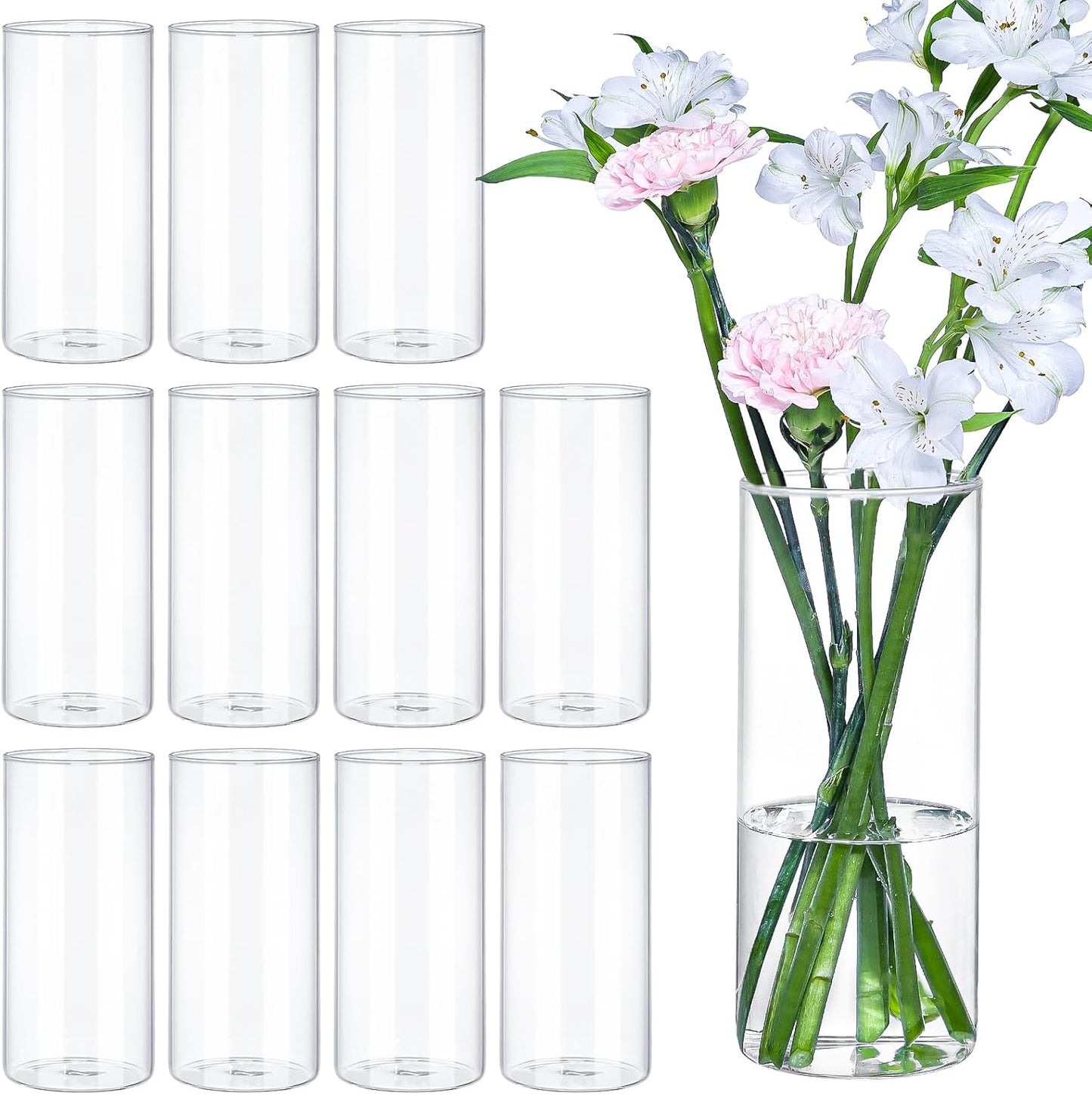 TBWIND 12pcs Glass Cylinder Vases for Centerpieces, 6 Inch Clear Flower Vases for Wedding Decorations and Indoor Home Decor, Hurricane Candle Holder for Table Shelf, Party